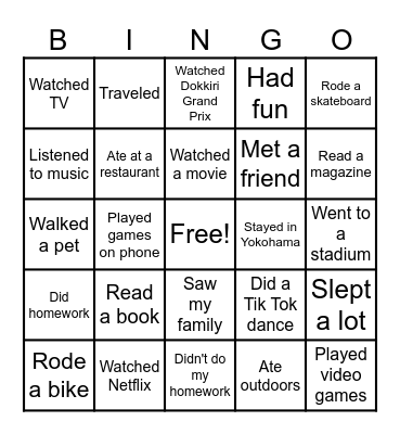 Spring Break Bingo Card