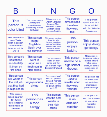 RHS Staff Bingo Card