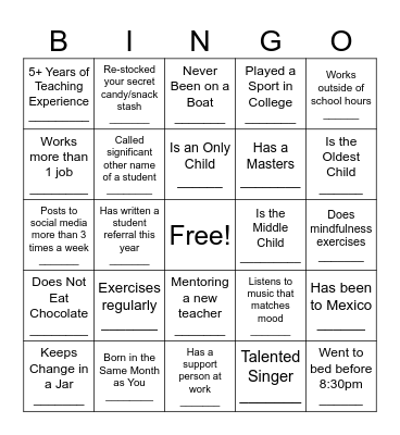 Teacher Facts Bingo Card