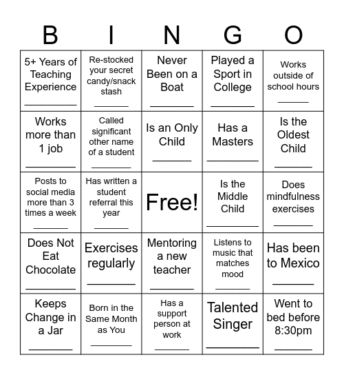 Teacher Facts Bingo Card