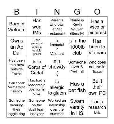 VSA GM1 Icebreaker Bingo Card