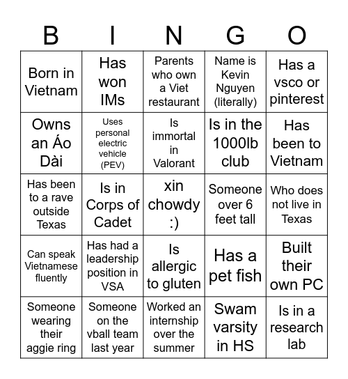 VSA GM1 Icebreaker Bingo Card