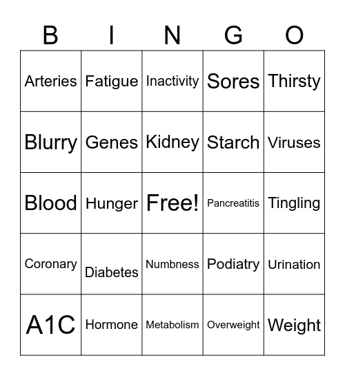 Diabetes Prevention A1C Bingo Card