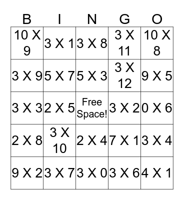 Multiplication Bingo Card