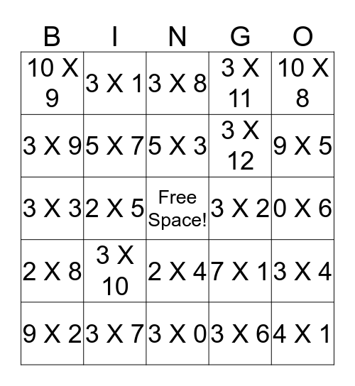 Multiplication Bingo Card