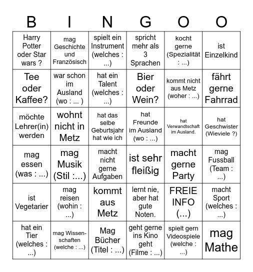 Kennenlernen Bingo Bingo Card