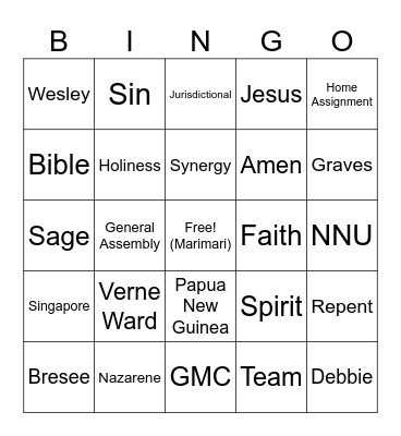 Nazarene Bingo Card