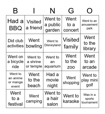 Summer Holidays Bingo Card