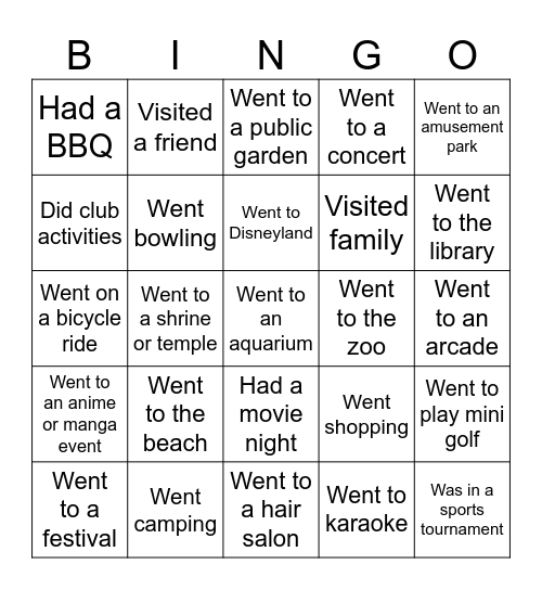 Summer Holidays Bingo Card