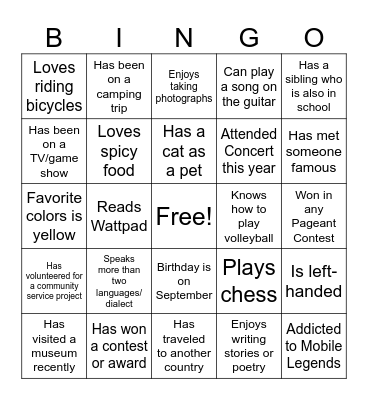 GET TO KNOW YOUR CLASSMATES Bingo Card