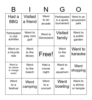 Summer Holidays Bingo Card