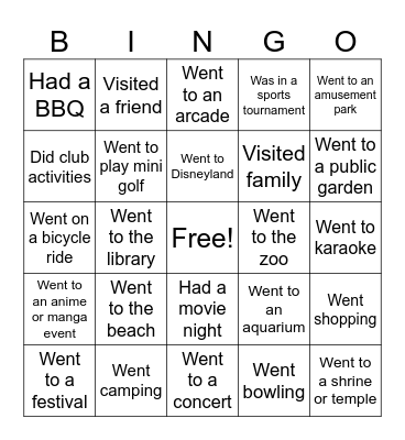 Summer Holidays (round 2) Bingo Card