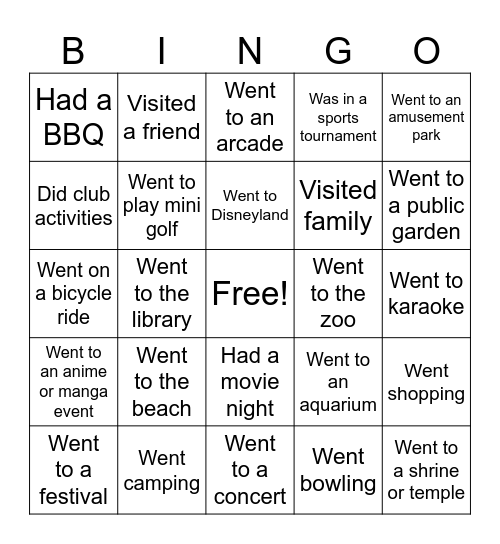 Summer Holidays (round 2) Bingo Card