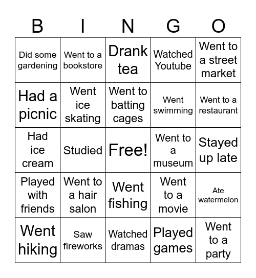 Summer Holidays Bingo Card