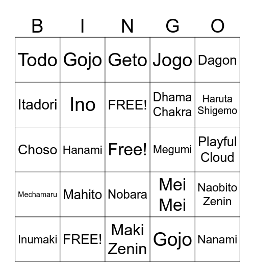 JJK Deaths + Injury/Incapacitated Bingo Card