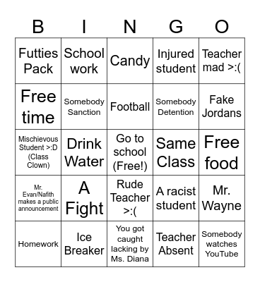 School Bingo Card