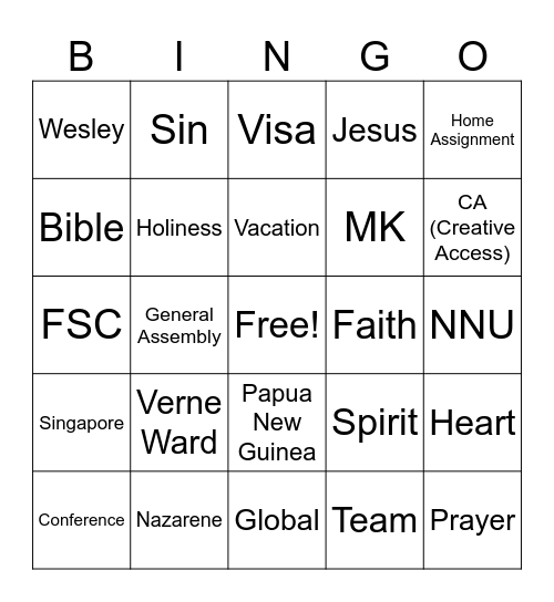 Nazarene Bingo Card