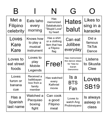 Ultimate Filipino Human Bingo Card