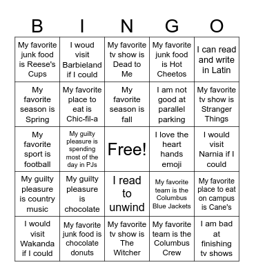FIND THAT INTERN Bingo Card