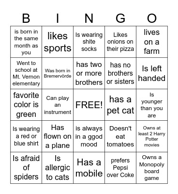Get to know each other Bingo Card