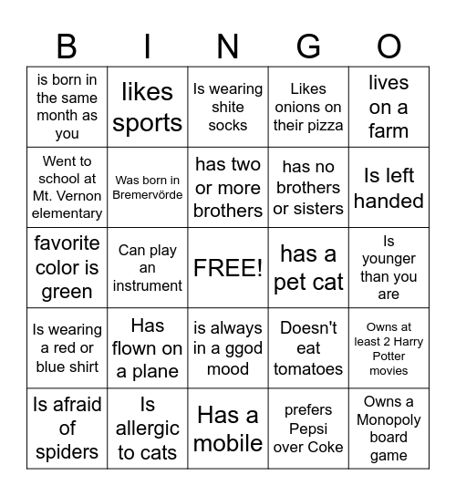 Get to know each other Bingo Card