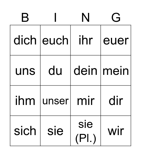 Pronomen Bingo Card