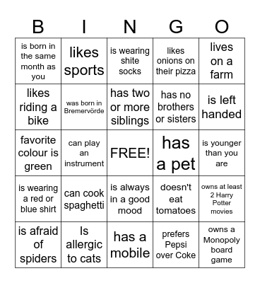Get to know each other Bingo Card