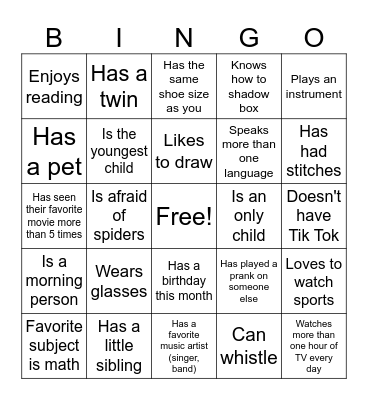 First Day of School Human Bingo Card