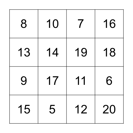 Number Bingo Card