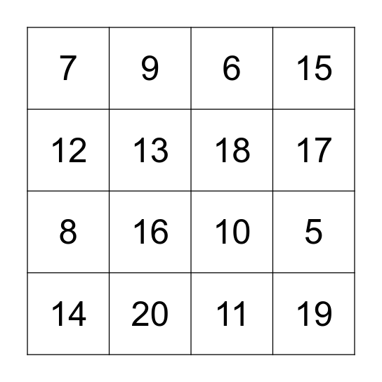 Number Bingo Card