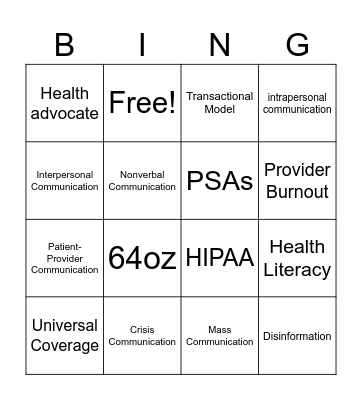 Health COMM Bingo Card