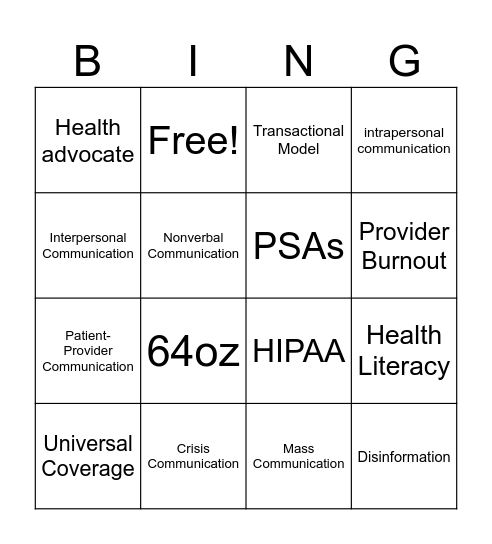 Health COMM Bingo Card
