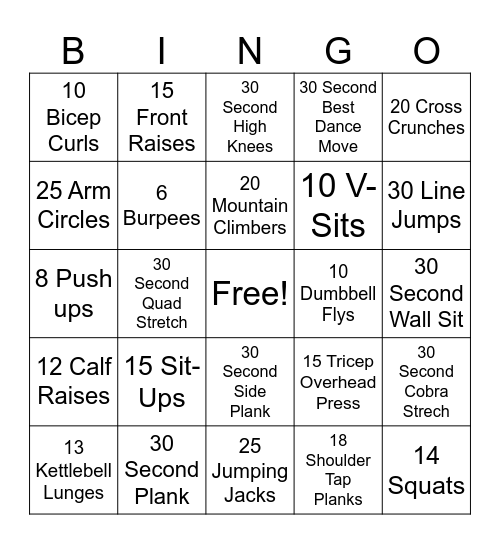 Fitness Bingo Card