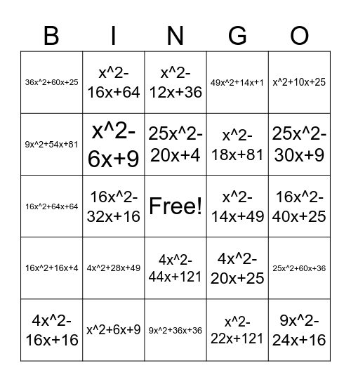 Factoring trinomials Bingo Card