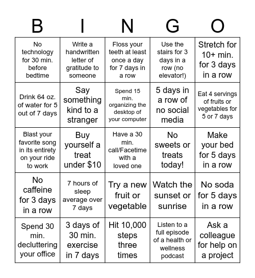 Level 1 Beta Wellness Bingo Card