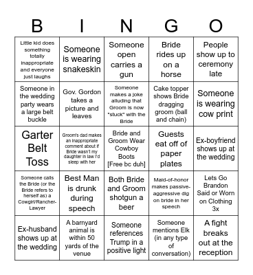 Cowgirl Lawyer Wedding Bingo Card