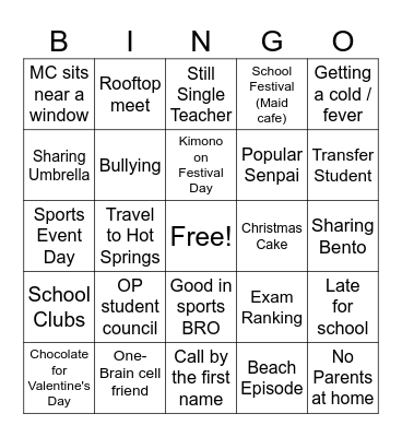 School Slice of Life Anime Bingo Card