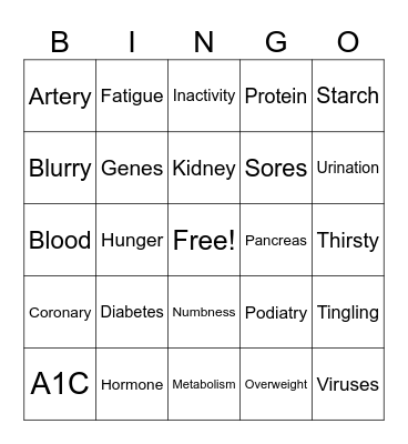 Diabetes Prevention Bingo Card