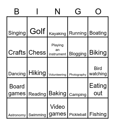 Our Active Hobbies Bingo Card