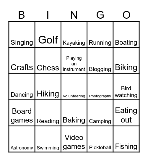 Our Active Hobbies Bingo Card