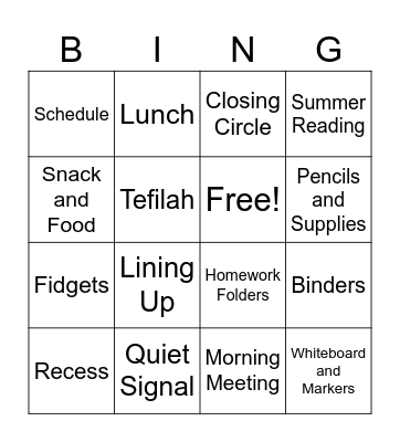 Back to Schol Bingo Card