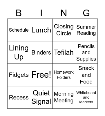 Back to Schol Bingo Card