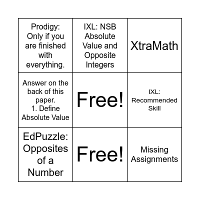 Bellwork Bingo: Week 1 Bingo Card