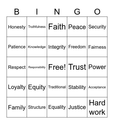Values and Morals Bingo Card
