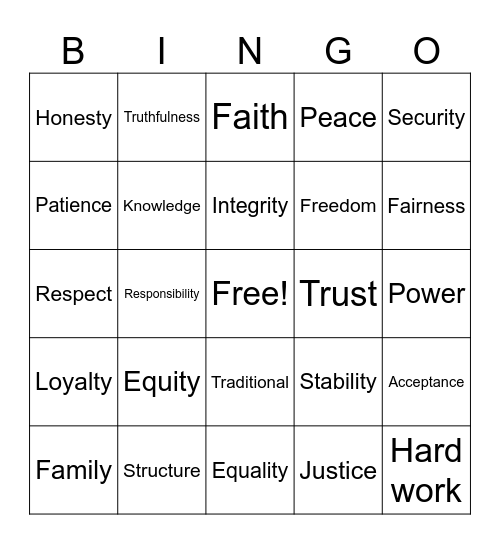 Values and Morals Bingo Card