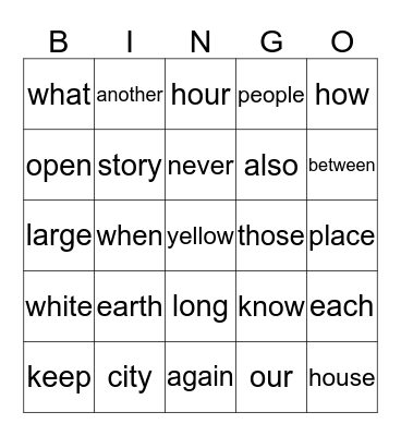 Common Word Bingo Card