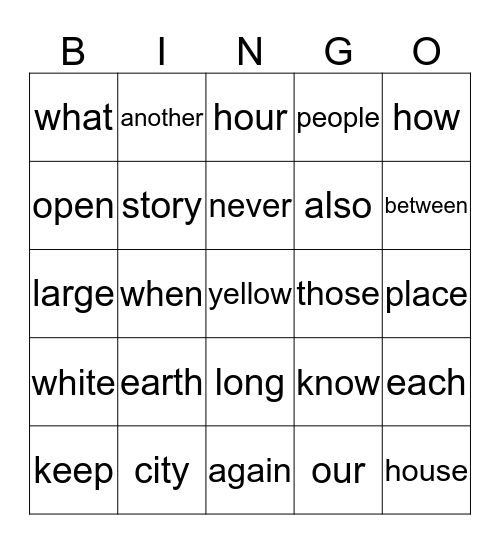 Common Word Bingo Card