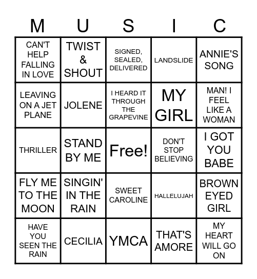 Name That Tune Bingo Card