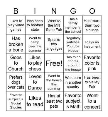 Get to Know You BINGO Card