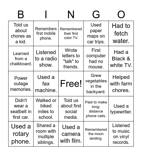 Interview with an Elder Bingo! Bingo Card